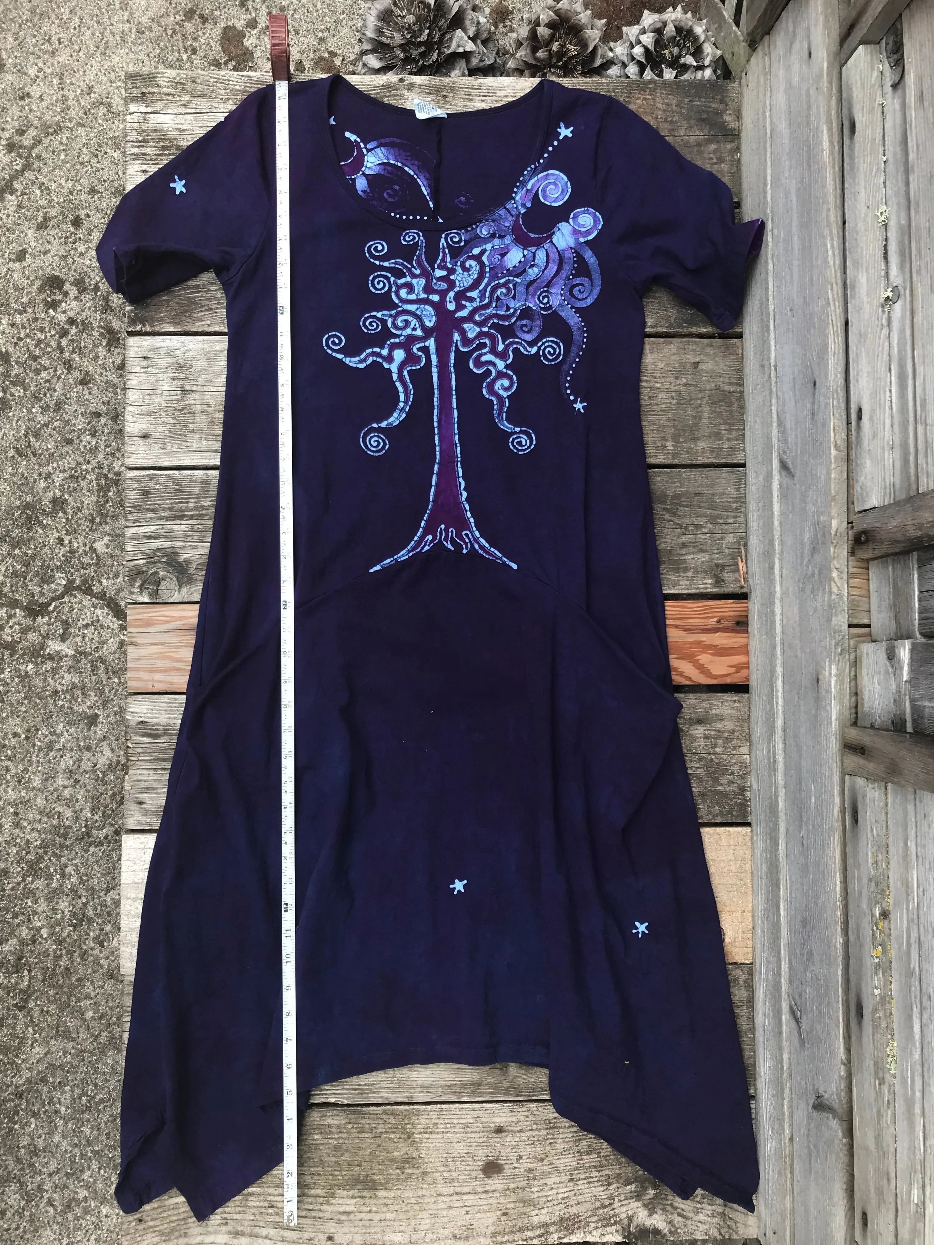 Dark Blue Long Tree Short Sleeve Batik Dress With Pockets - Size Medium