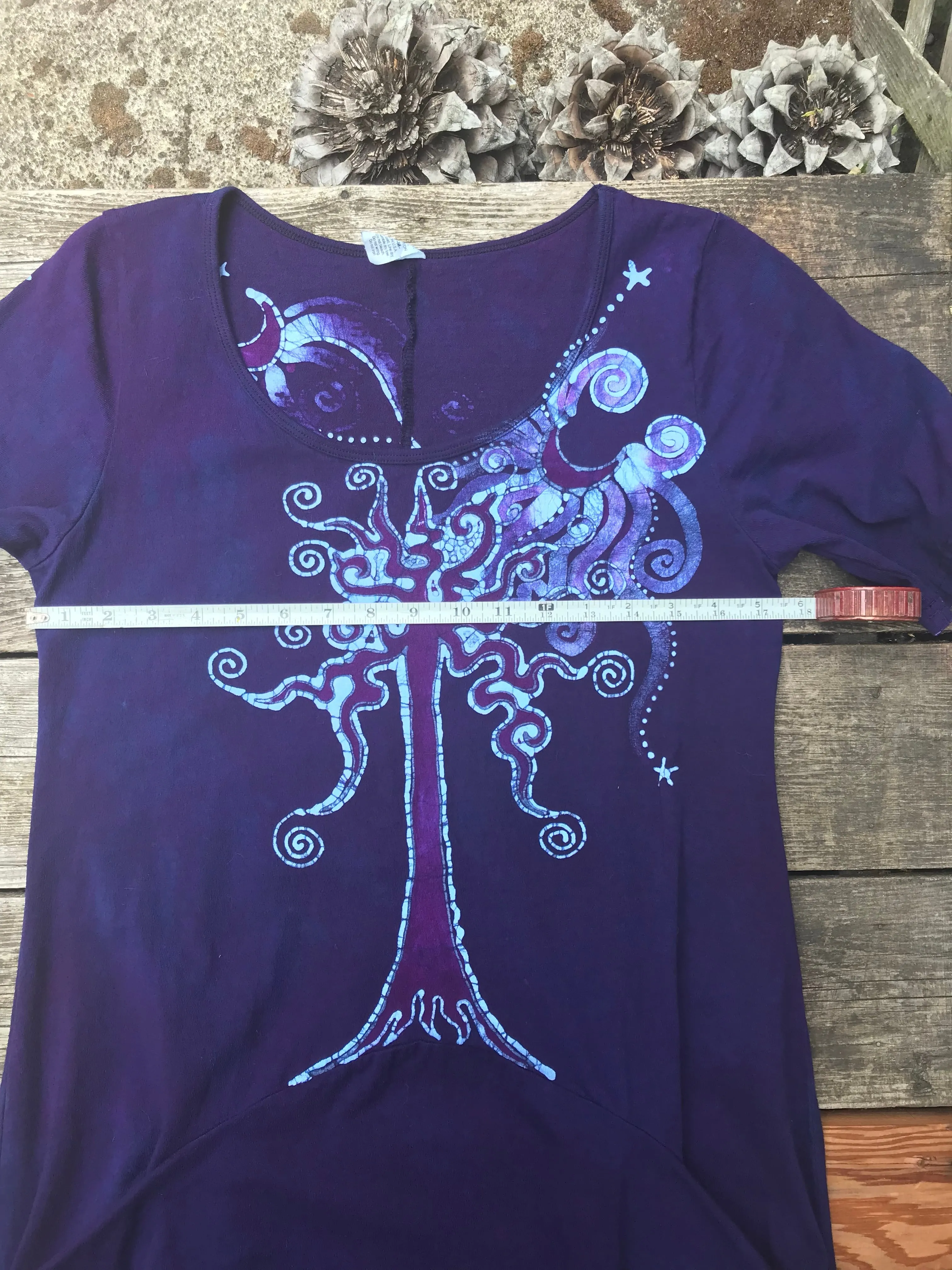 Dark Blue Long Tree Short Sleeve Batik Dress With Pockets - Size Medium