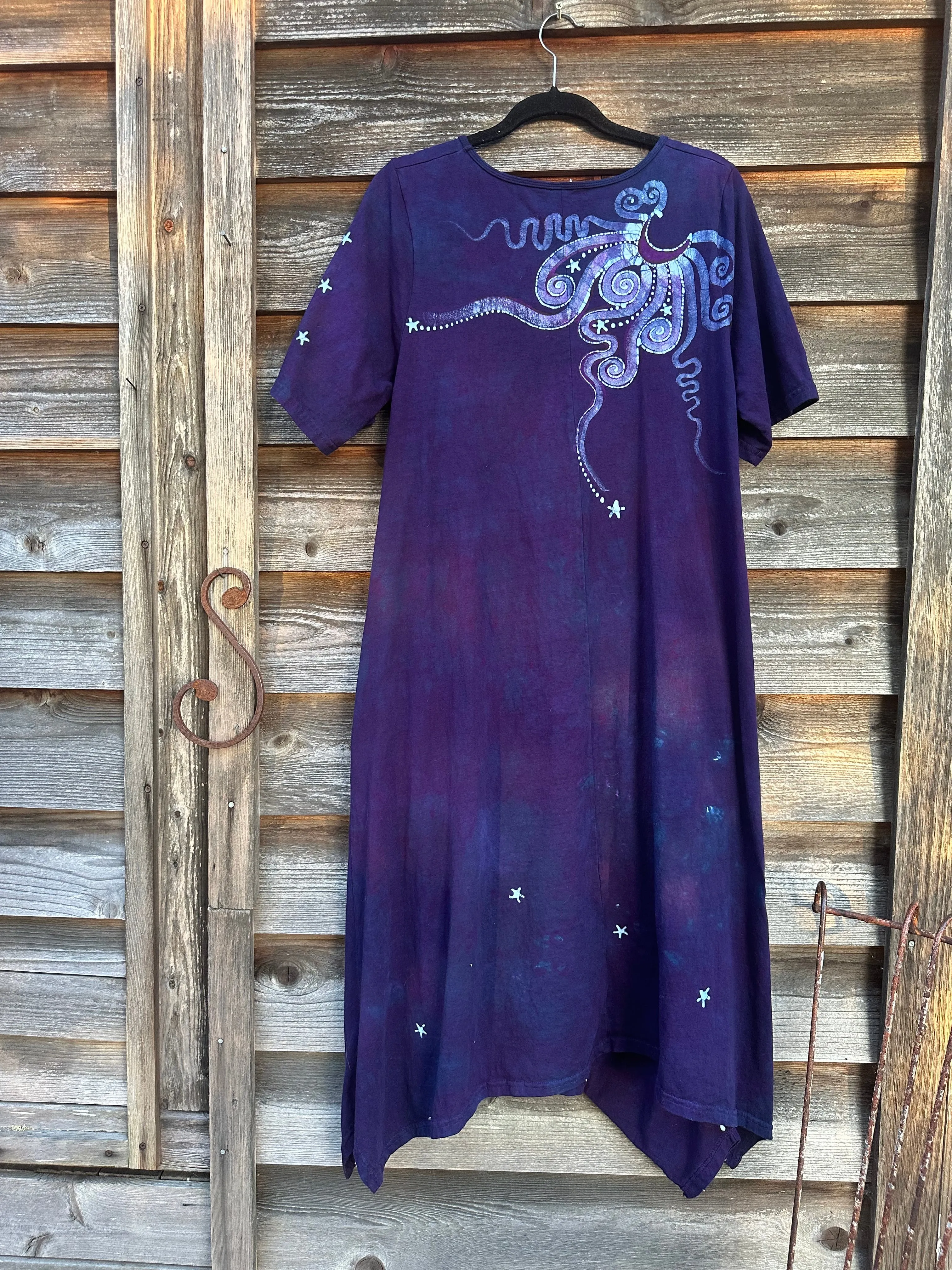 Dark Blue Long Tree Short Sleeve Batik Dress With Pockets - Size Medium