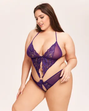 Deep V Lace Teddy Mini Bodysuit-Purple