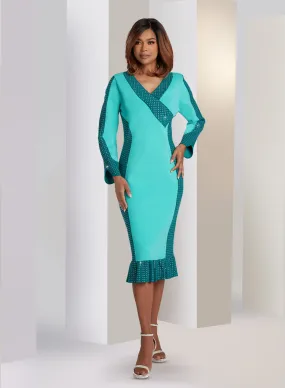 Donna Vinci 13401 - Teal Turquoise - 2 Tone Knit Pleated Hemline Dress with Rhinestones