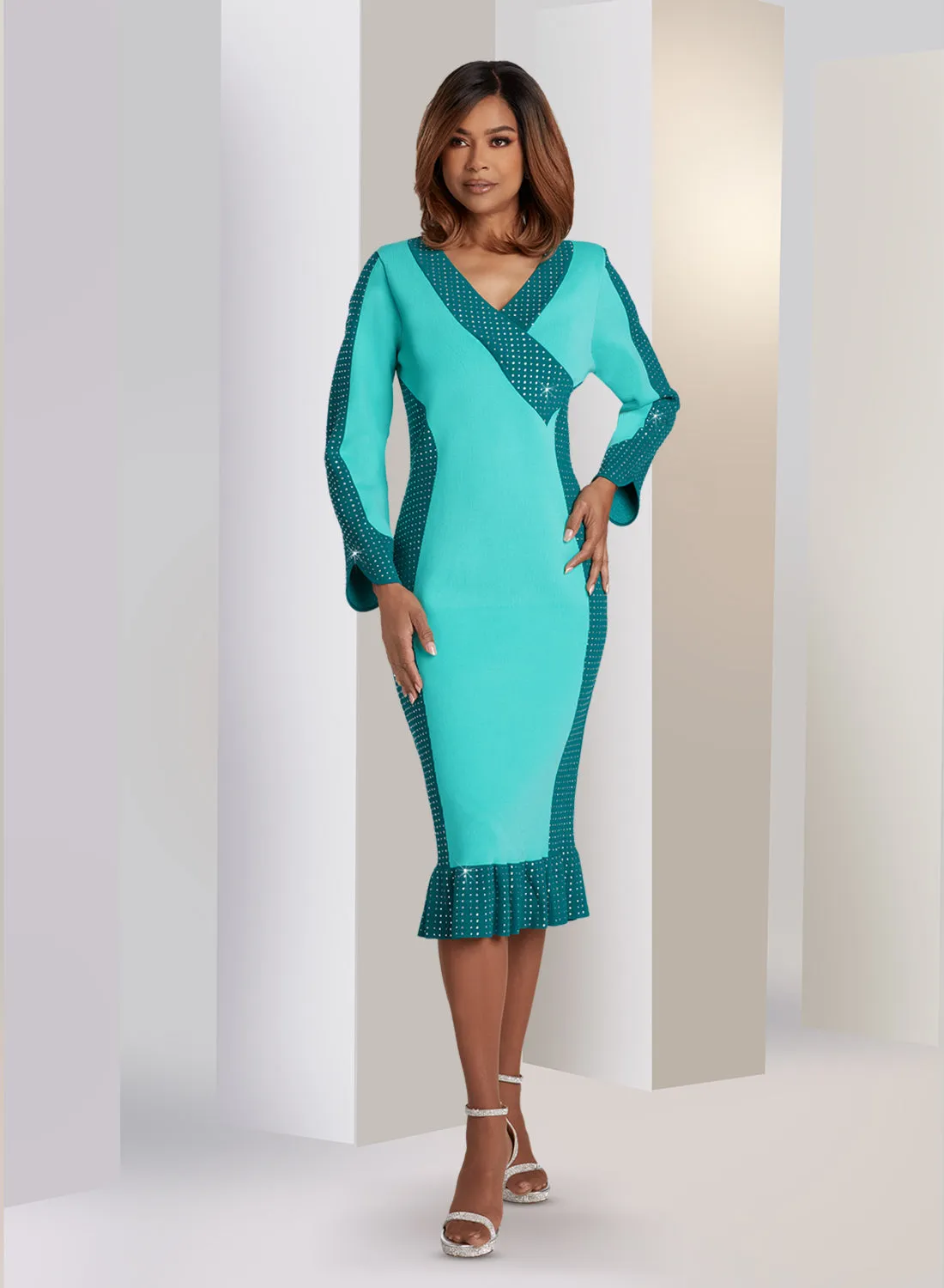 Donna Vinci 13401 - Teal Turquoise - 2 Tone Knit Pleated Hemline Dress with Rhinestones