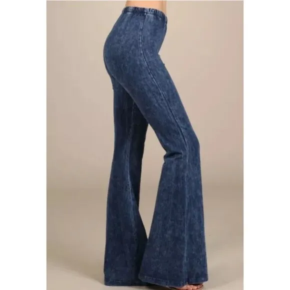 Electric Blue Boho Mineral Wash Flared Stretch Pants Casual Womens