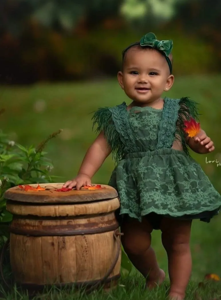 Forest Green Lace Romper with Feather Detail #1000245