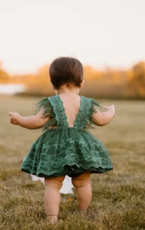 Forest Green Lace Romper with Feather Detail #1000245