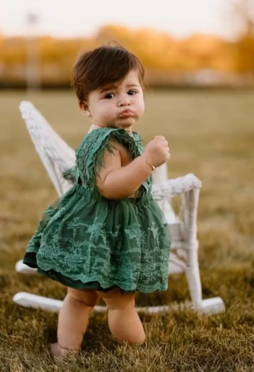 Forest Green Lace Romper with Feather Detail #1000245