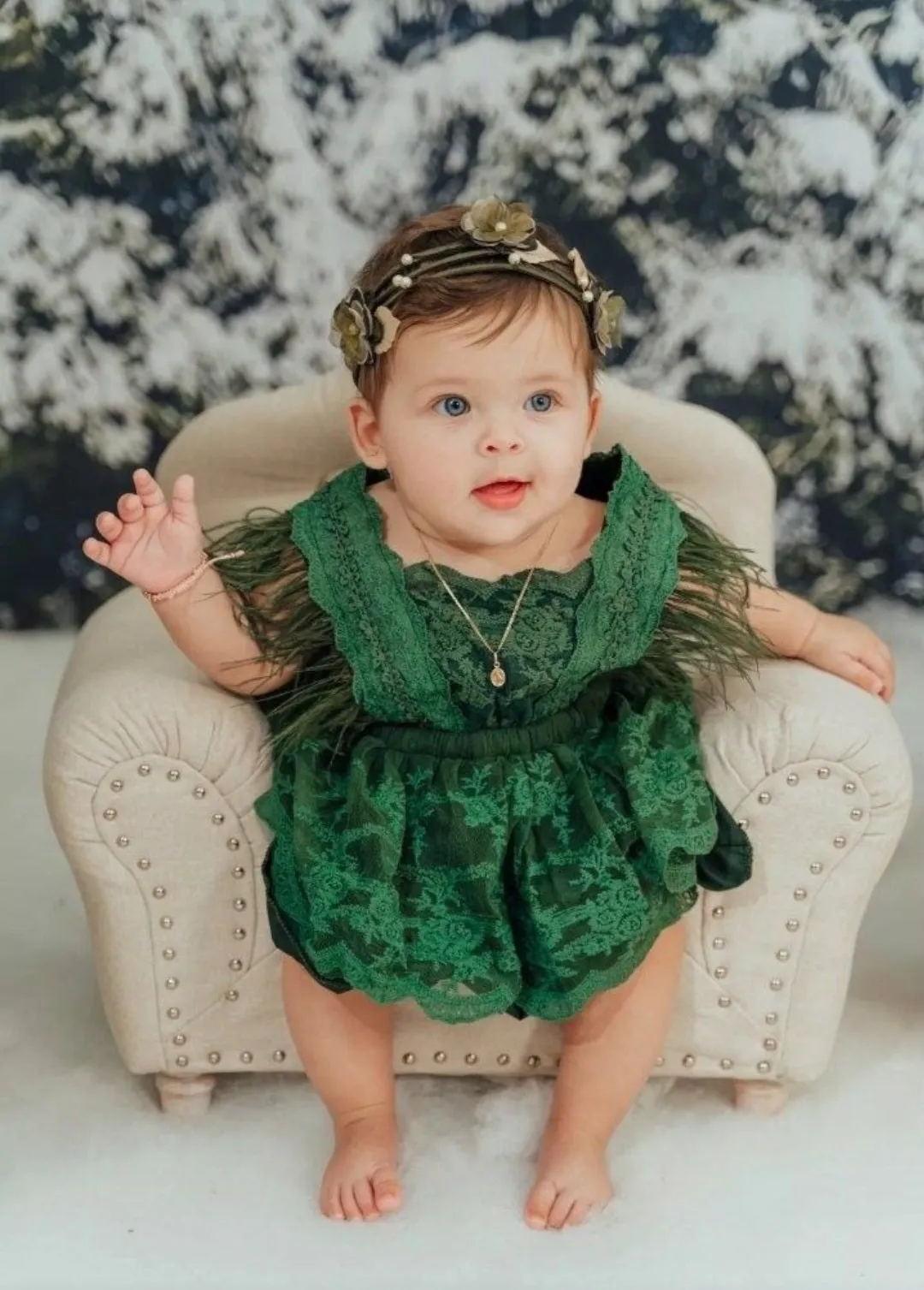 Forest Green Lace Romper with Feather Detail #1000245