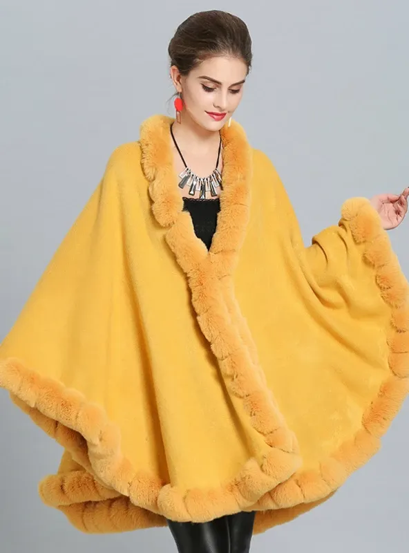 FOX LIKE FUR COLLAR KNITTED CAPE COAT WITH LARGE SHAWL