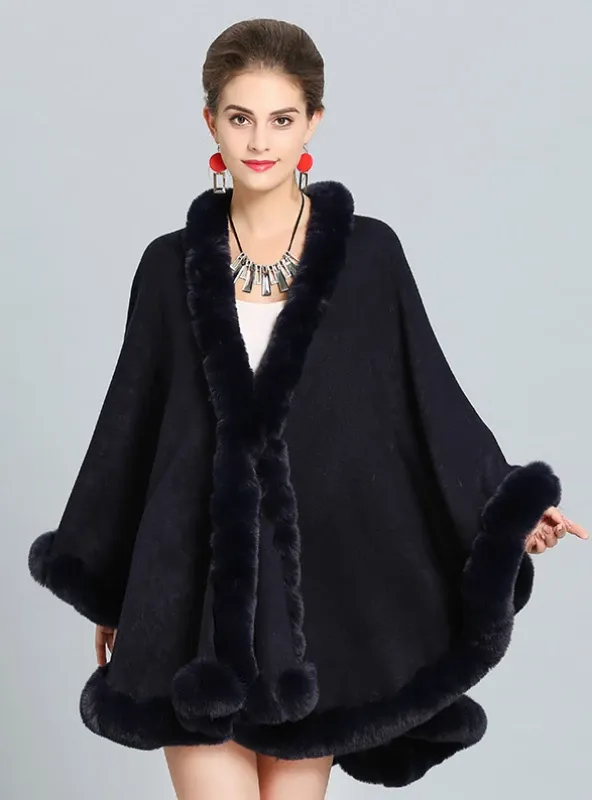 FOX LIKE FUR COLLAR KNITTED CAPE COAT WITH LARGE SHAWL