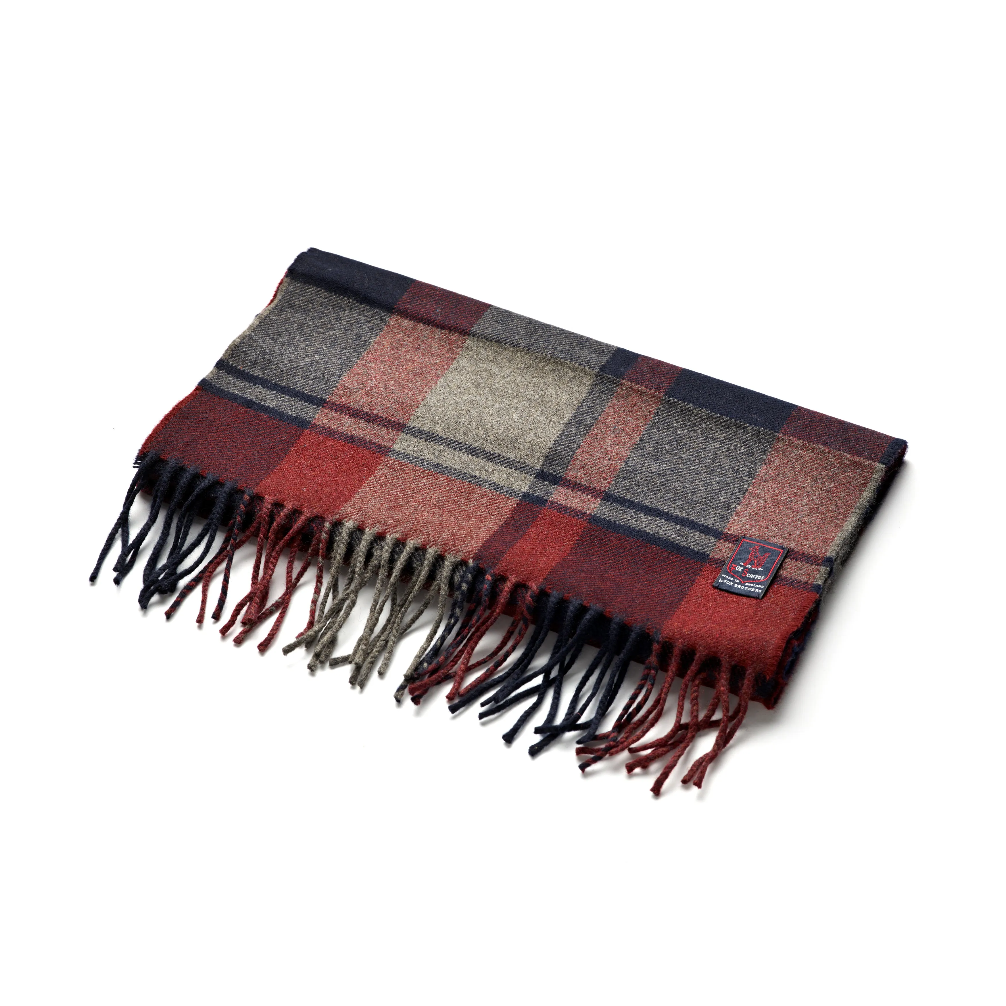 Fox Navy and Wine check Cashmere & Merino Wool Scarf