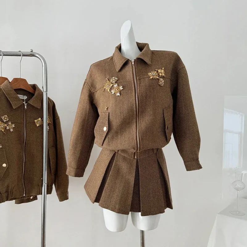 Girlary Women's Brown Two Piece Suit Vintage Long Sleeve Luxury Coat and A-Line Mini Skirt Vintage Y2k Skirt Sets Elegant 2000s Clothes