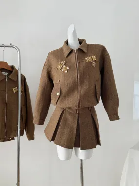 Girlary Women's Brown Two Piece Suit Vintage Long Sleeve Luxury Coat and A-Line Mini Skirt Vintage Y2k Skirt Sets Elegant 2000s Clothes