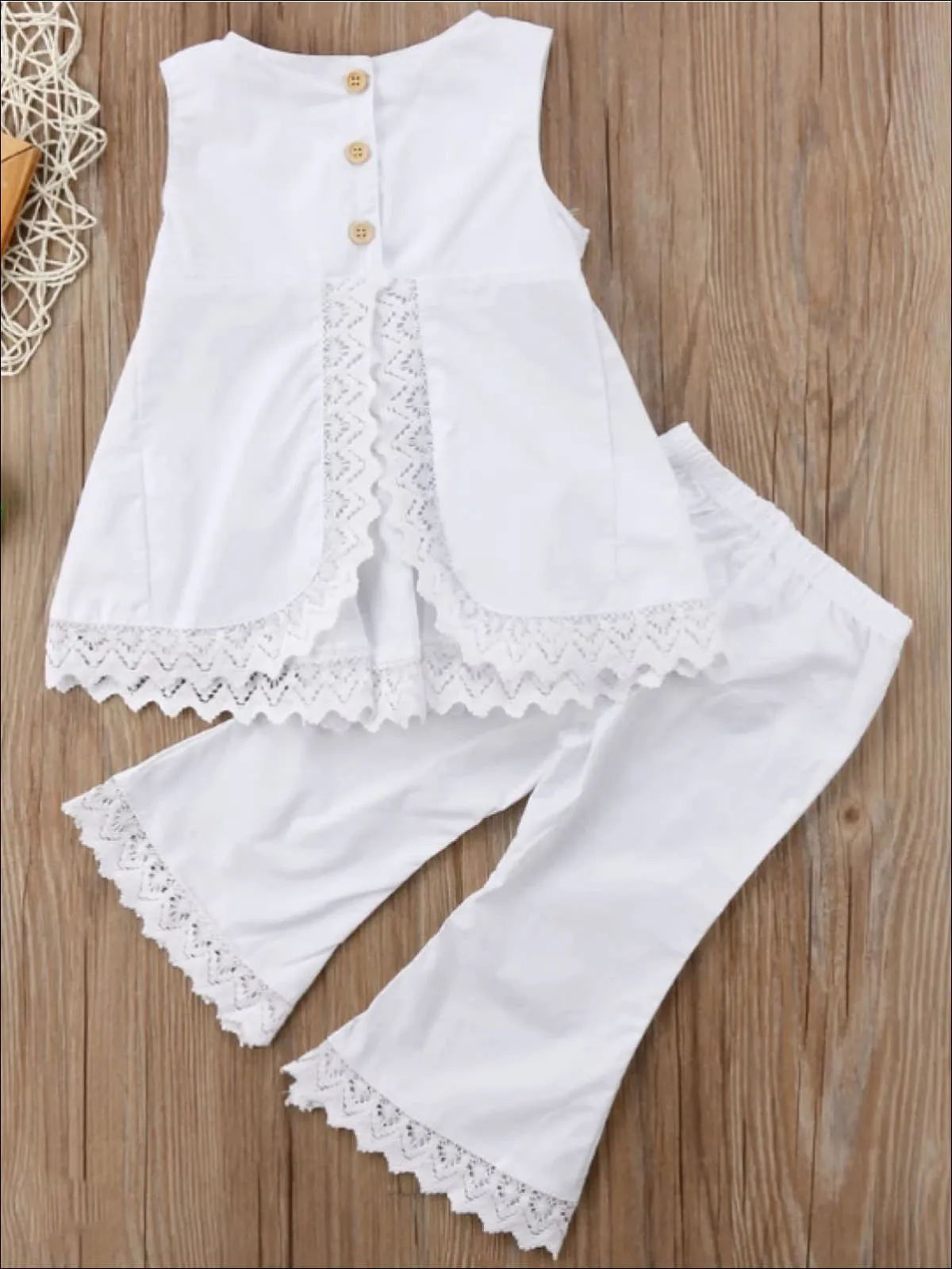 Girls Sleeveless White Lace Trimmed Open Back Tunic And Flared Pant Set