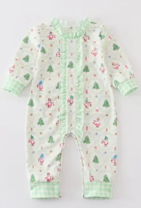 Green Christmas Tree Print Ruffle Girl Romper