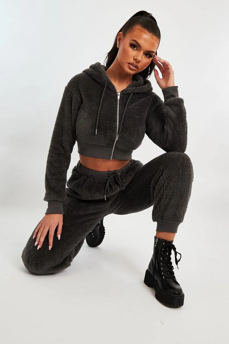 Grey Cropped Teddy Zip Up Hoodie - Cheryl