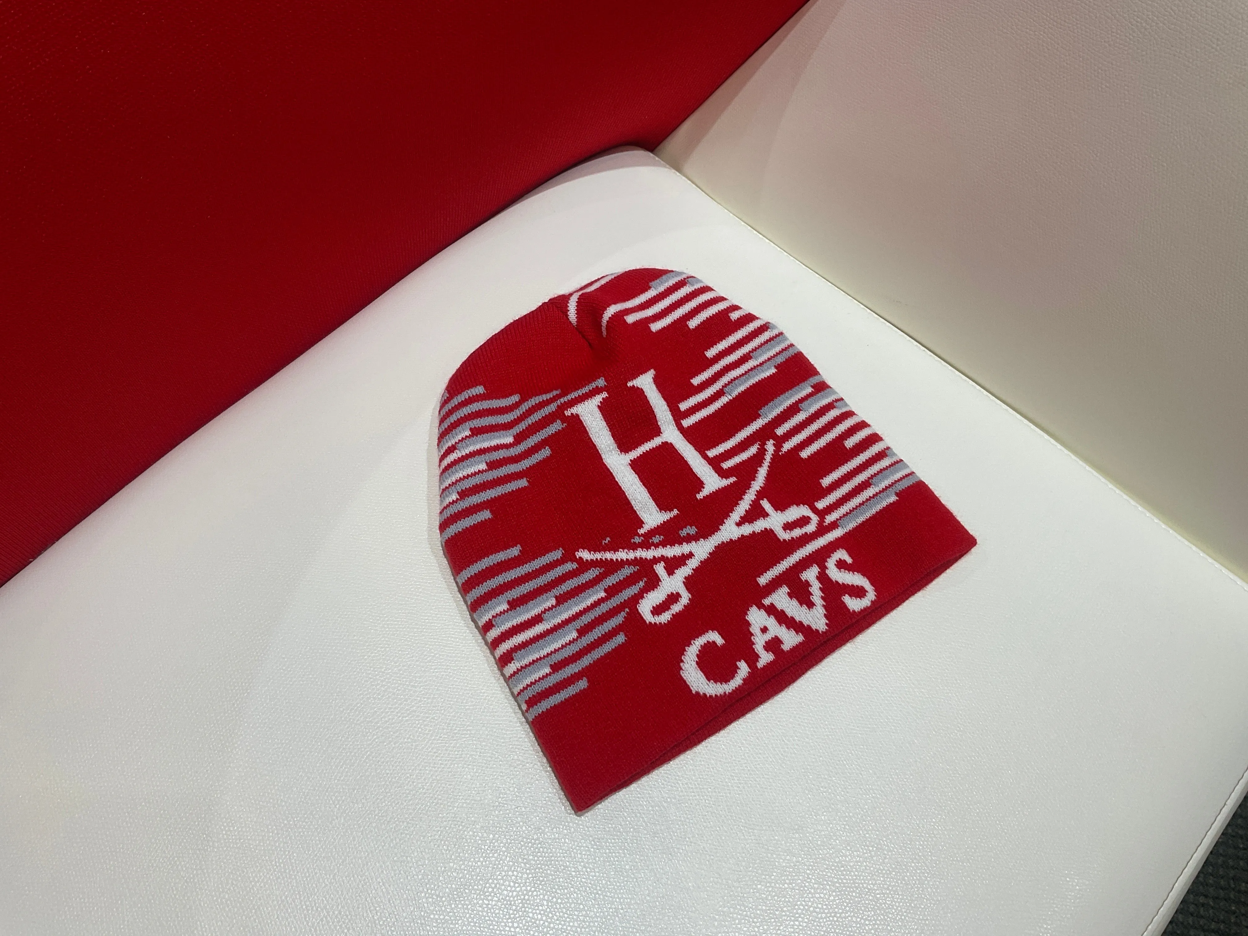 Heights Red & White Knit Beanie Winter Hat