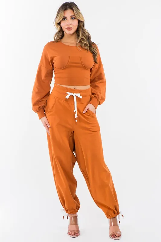 High Waisted Baggy French Terry Pants Rust