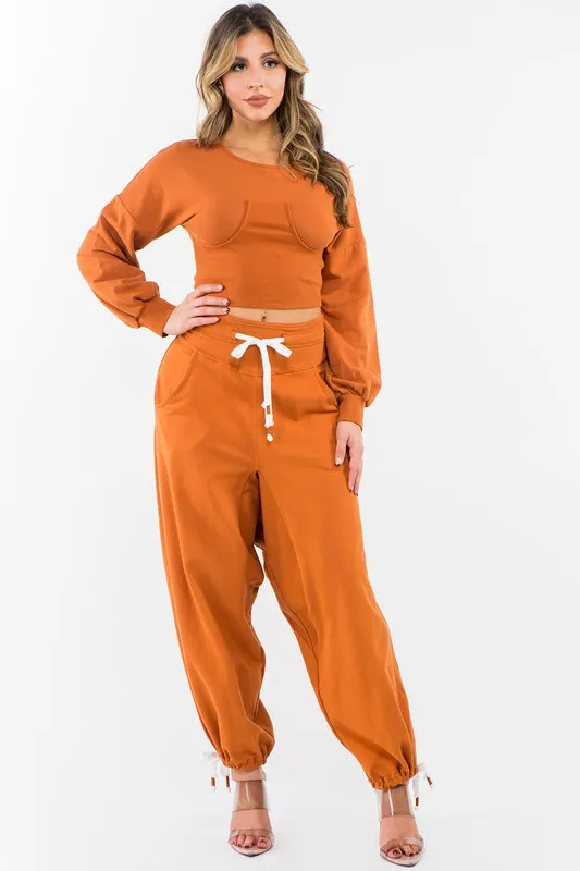 High Waisted Baggy French Terry Pants Rust