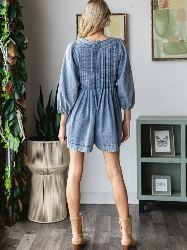 Honey V-neck Puff Sleeve Denim Romper