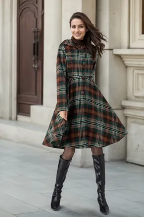 Hooded midi plaid winter wool coat women 4784