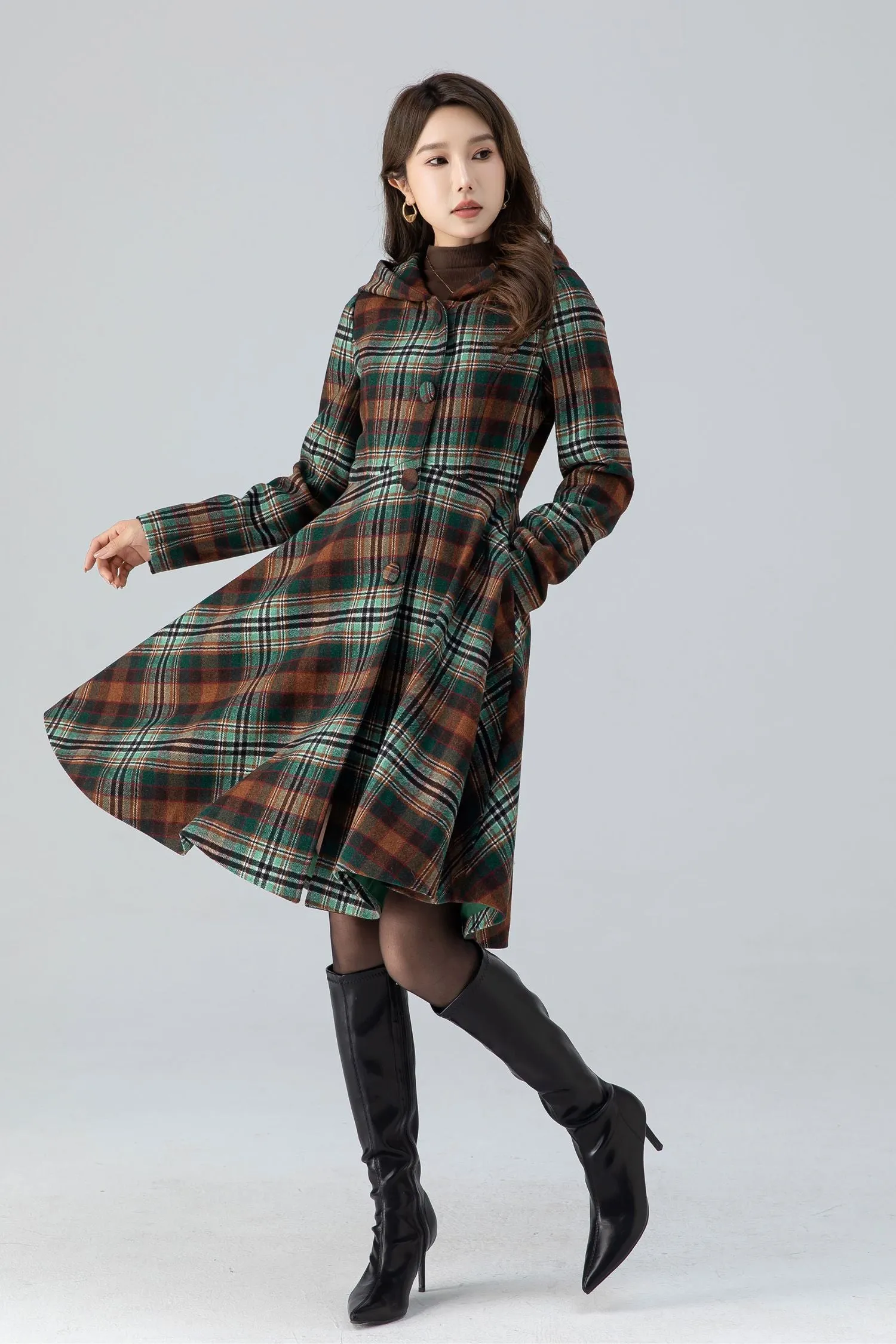 Hooded midi plaid winter wool coat women 4784