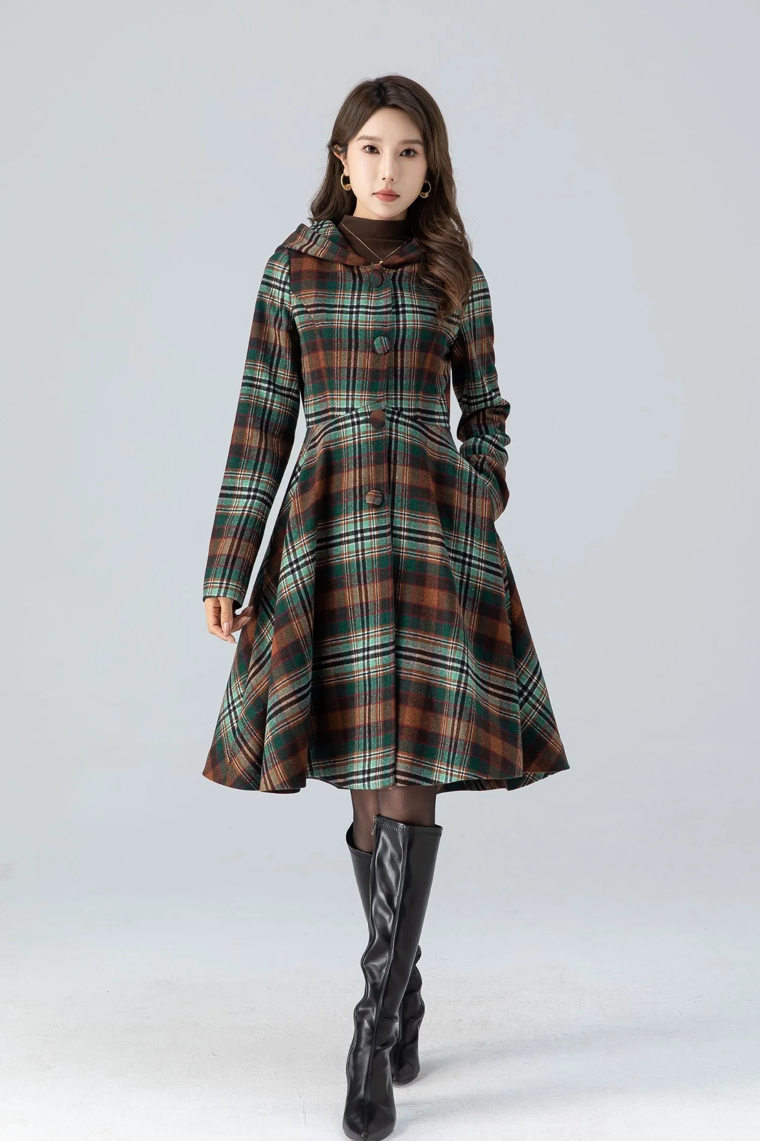 Hooded midi plaid winter wool coat women 4784