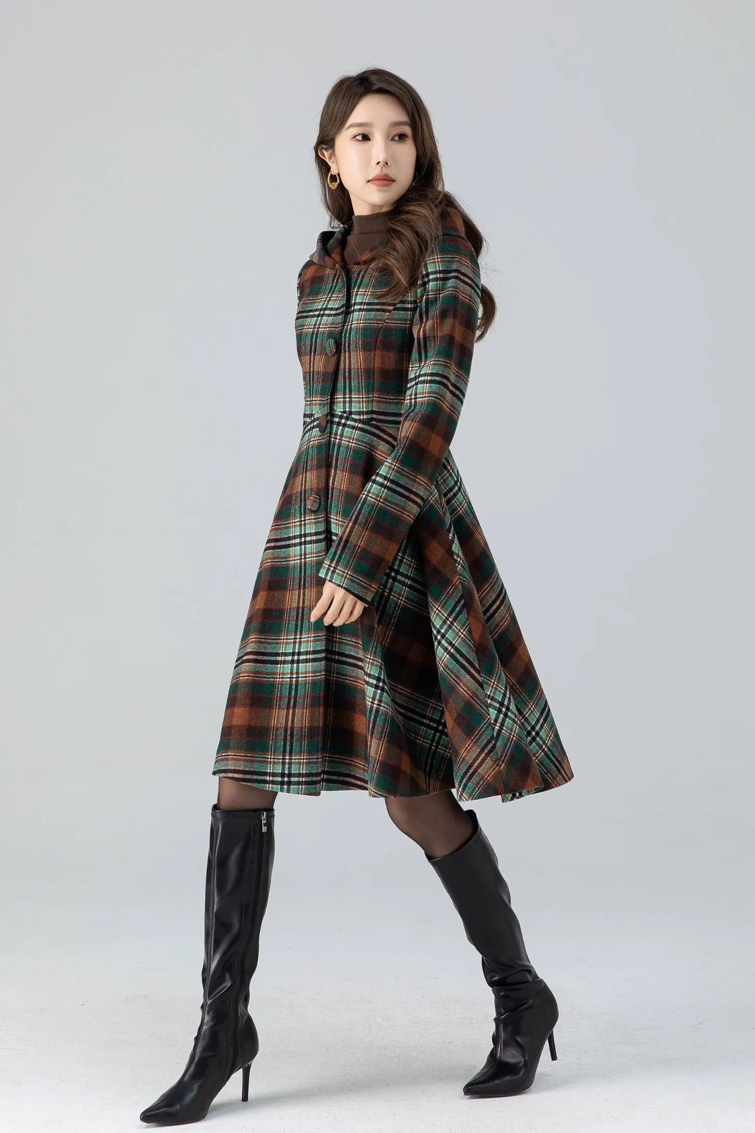 Hooded midi plaid winter wool coat women 4784