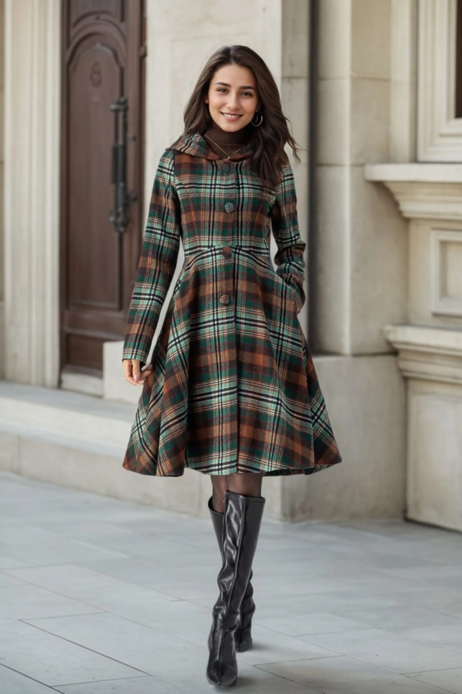 Hooded midi plaid winter wool coat women 4784