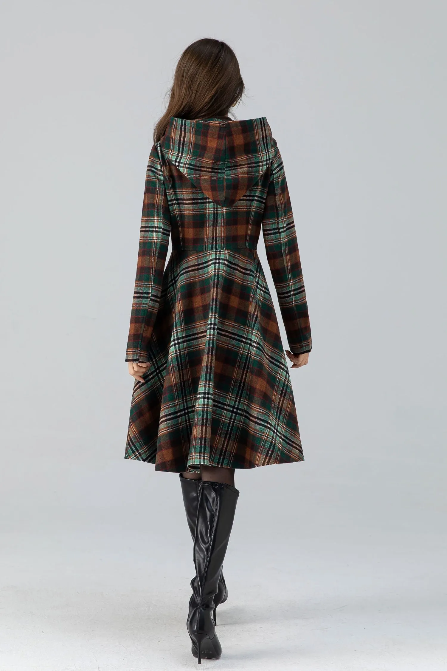 Hooded midi plaid winter wool coat women 4784