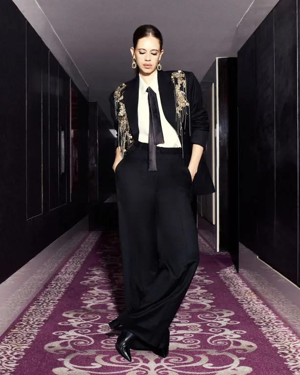 Kalki in our Carbon Hand Embriodered Blazer paired with Carbon Flared Pants