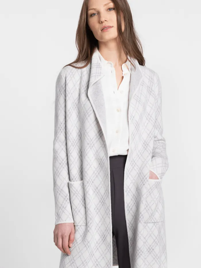 Kinross Cashmere Bias Plaid Long Cardigan in Pearl/Silver LFSC3 120