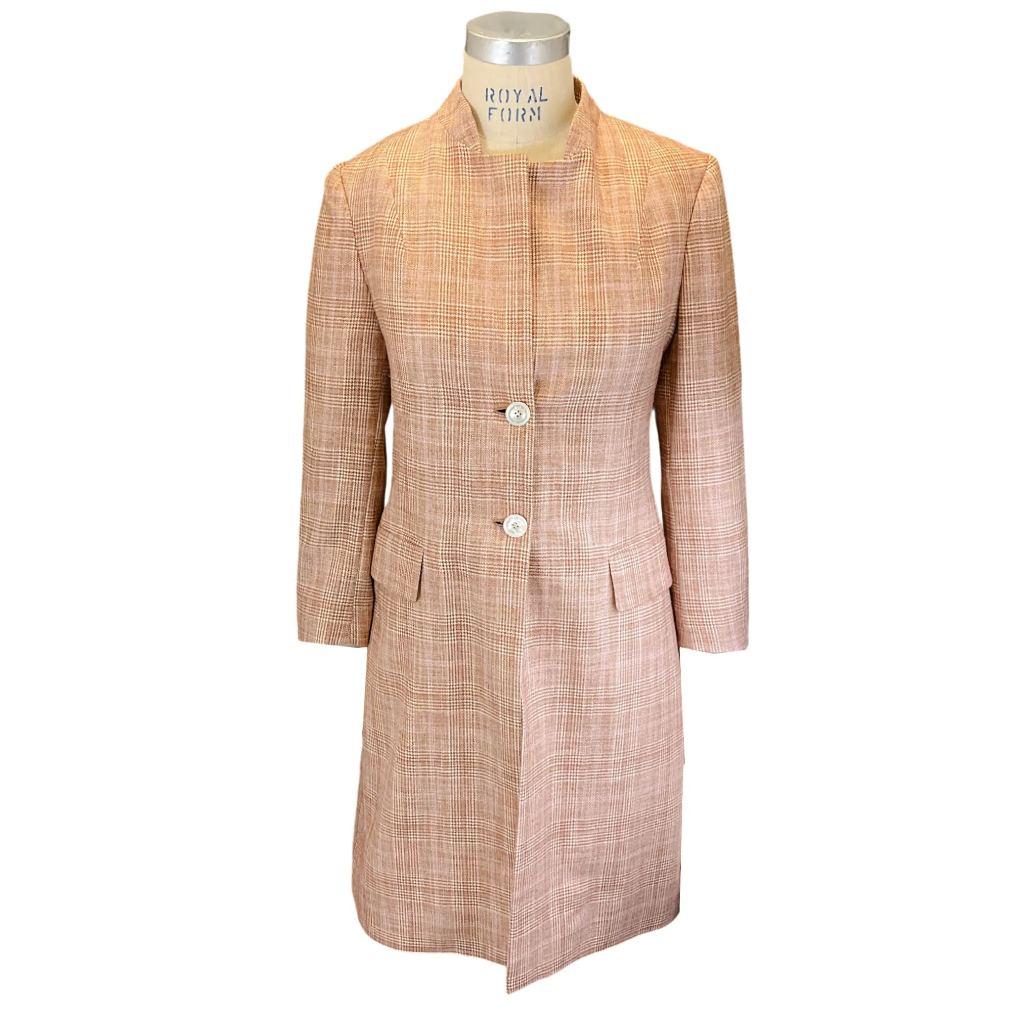 Kiton Tan / Pink Plaid Silk and Cashmere Coat