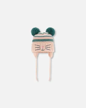 Knit Hat With Ears Light Pink Cat Face