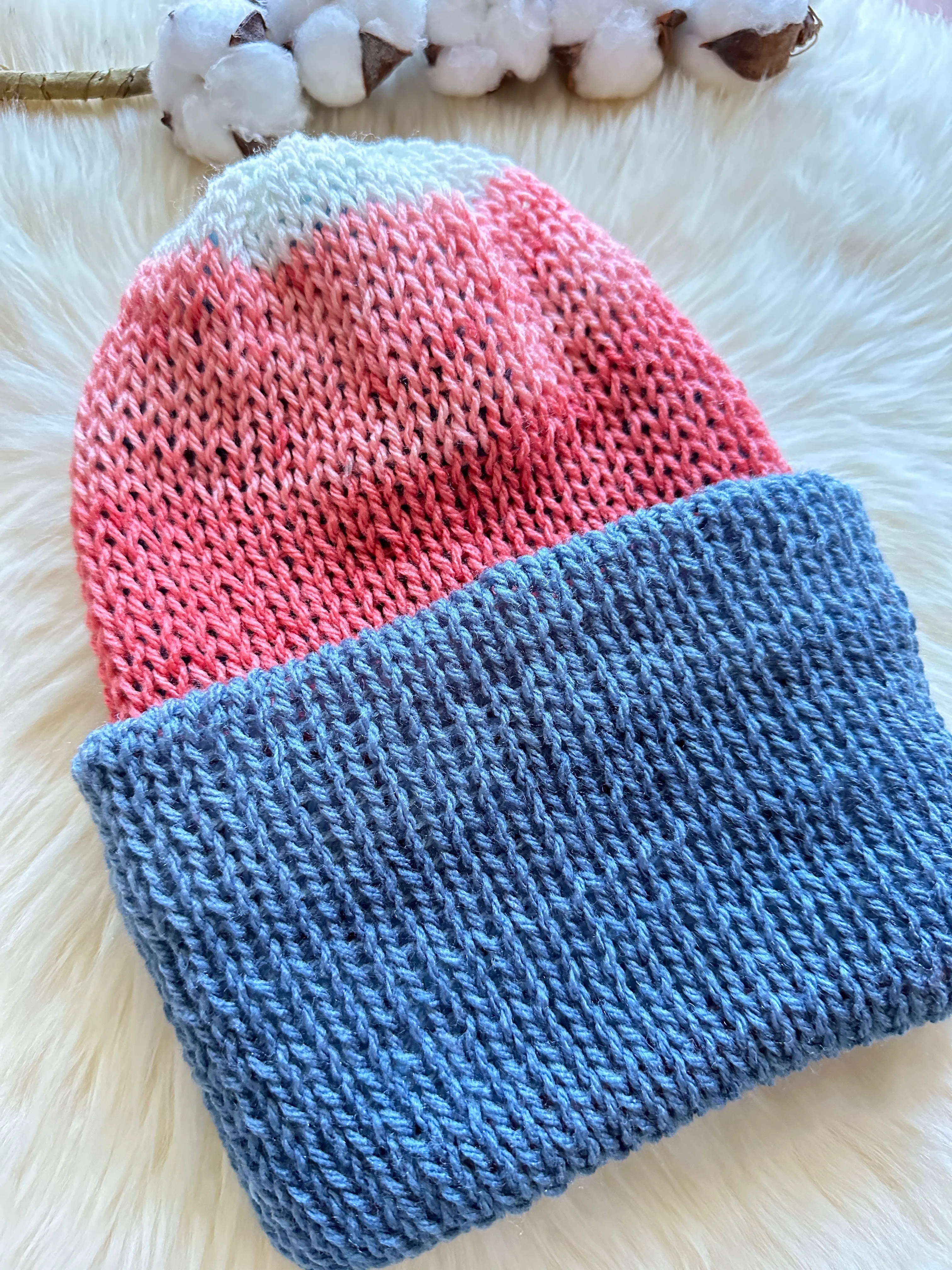 Knitted beanie in blue pink mix | Winter knitted double layered hat | autumn style | cozy winter hat| men or women