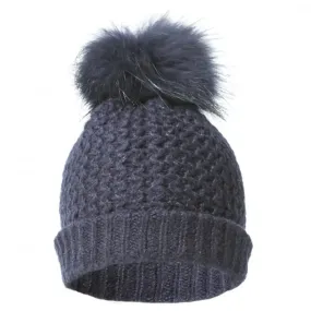 Knitted Fur Pom Pom Hat - Navy by Jayley