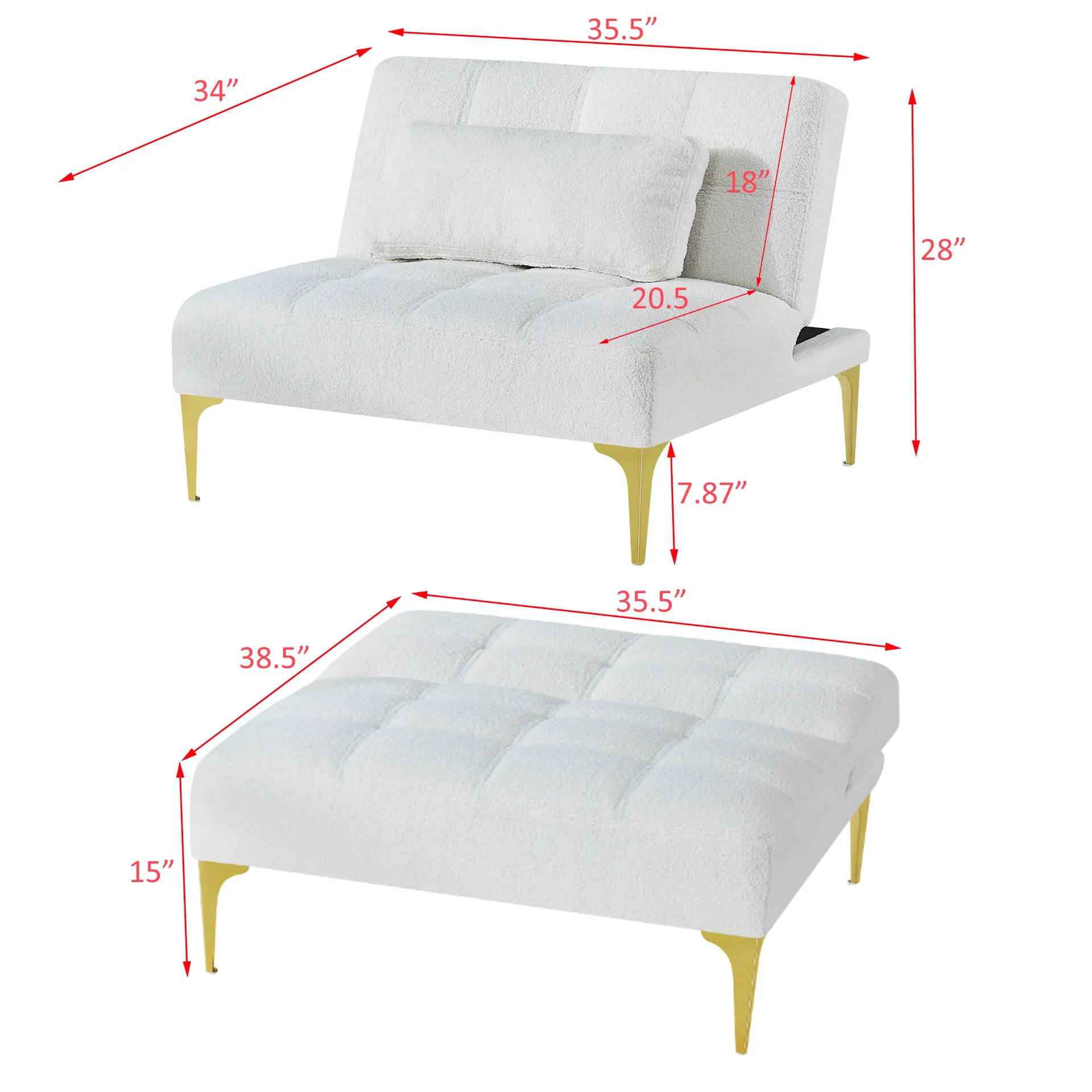 La Rouen | White Convertible sofa bed futon with gold metal legs teddy fabric