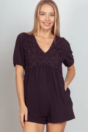 Lace Detail Puff Sleeve Romper with Pockets - Black