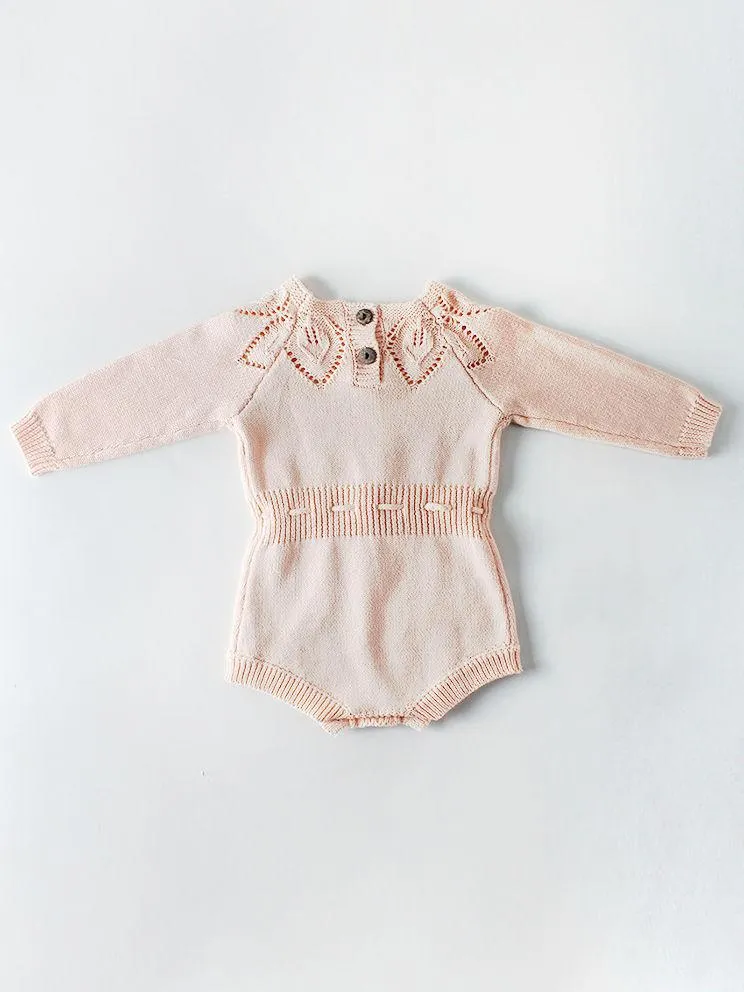 Leaf Crochet Pattern Romper Spanish Style Baby Girl Cotton Pink/White Bodysuit