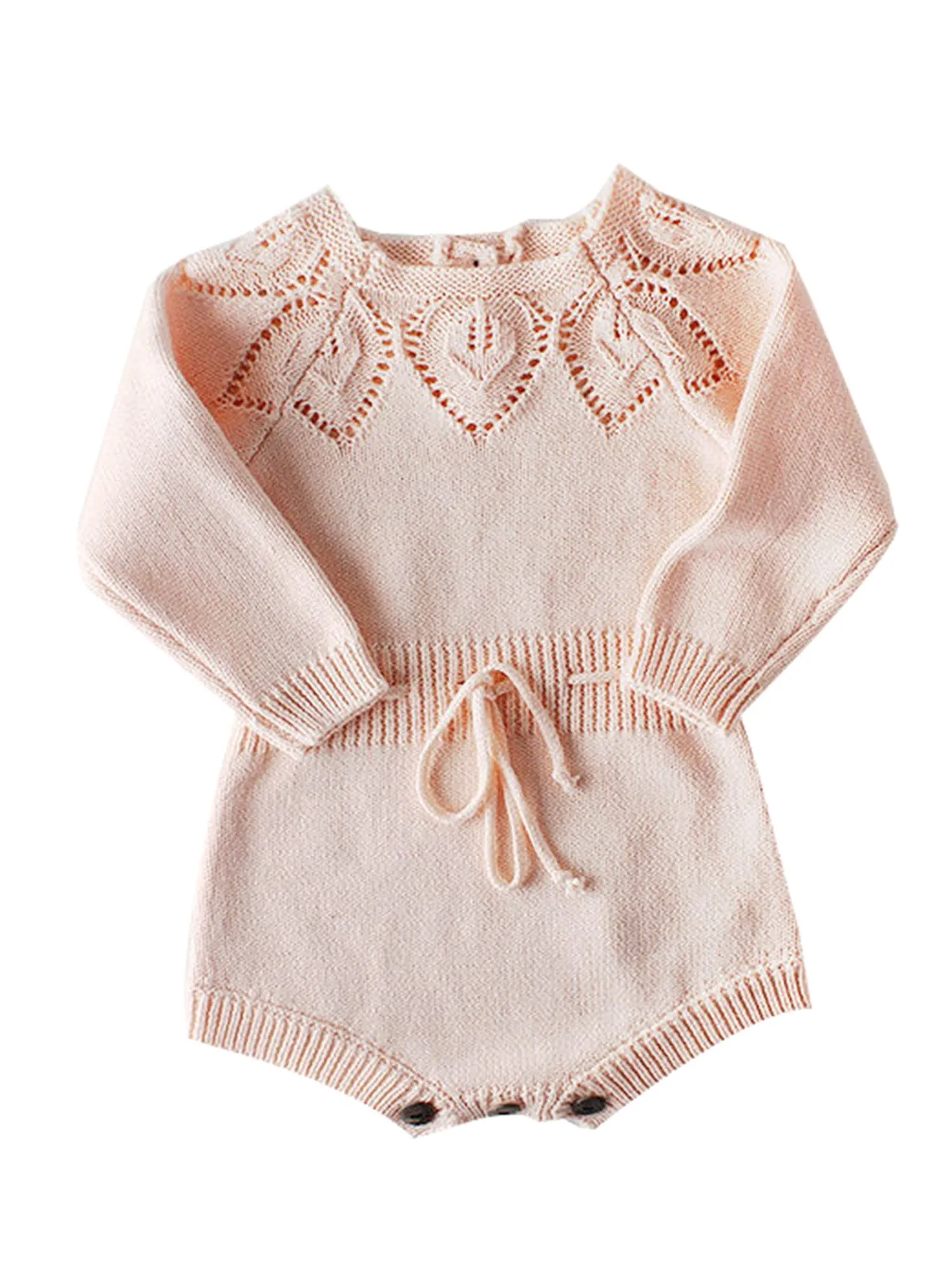 Leaf Crochet Pattern Romper Spanish Style Baby Girl Cotton Pink/White Bodysuit