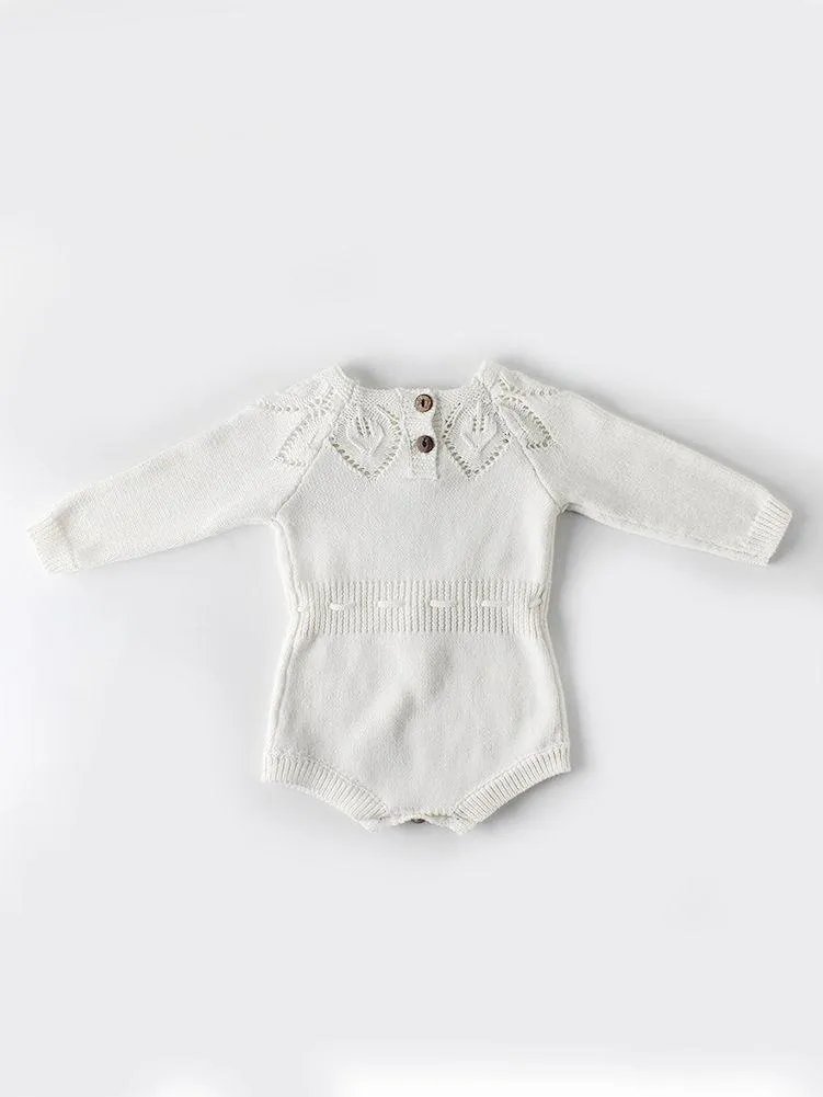 Leaf Crochet Pattern Romper Spanish Style Baby Girl Cotton Pink/White Bodysuit