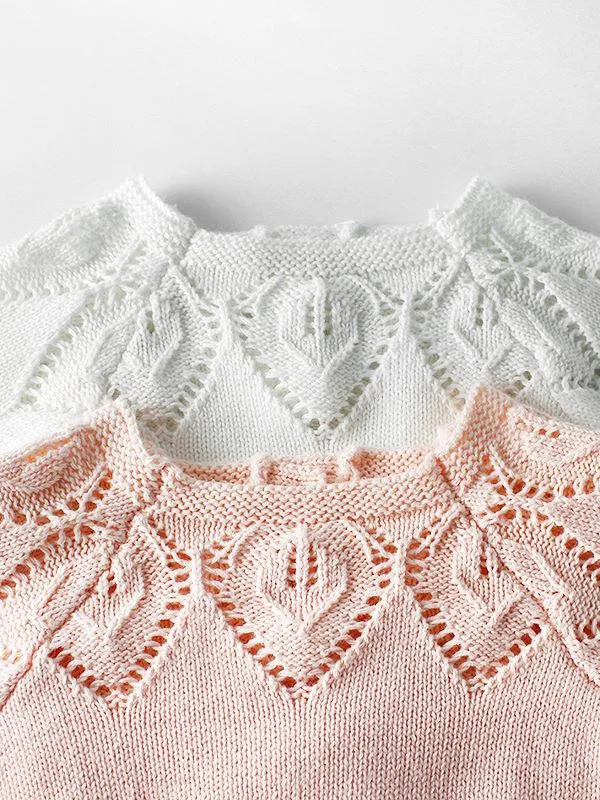 Leaf Crochet Pattern Romper Spanish Style Baby Girl Cotton Pink/White Bodysuit