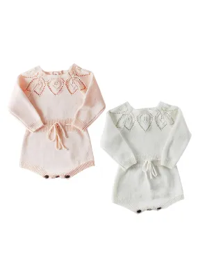 Leaf Crochet Pattern Romper Spanish Style Baby Girl Cotton Pink/White Bodysuit