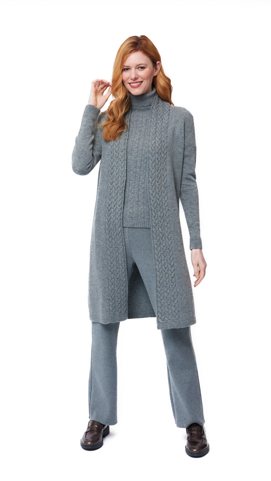 Leana Cable-Knit Belted Coat - Gray