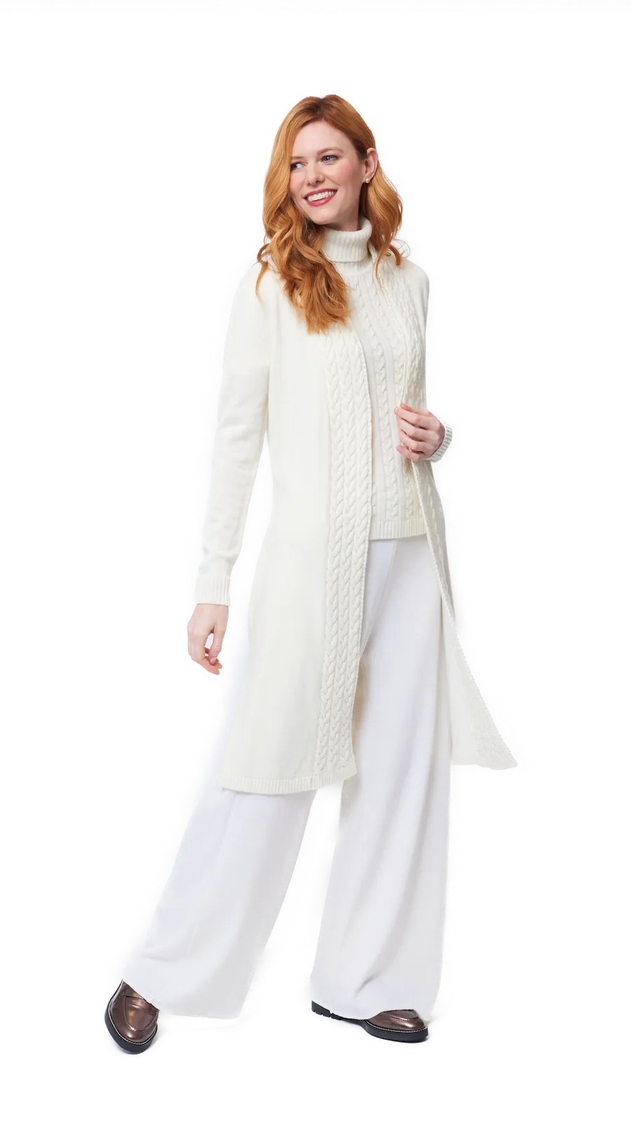 Leana Cable-Knit Belted Coat - Winter White