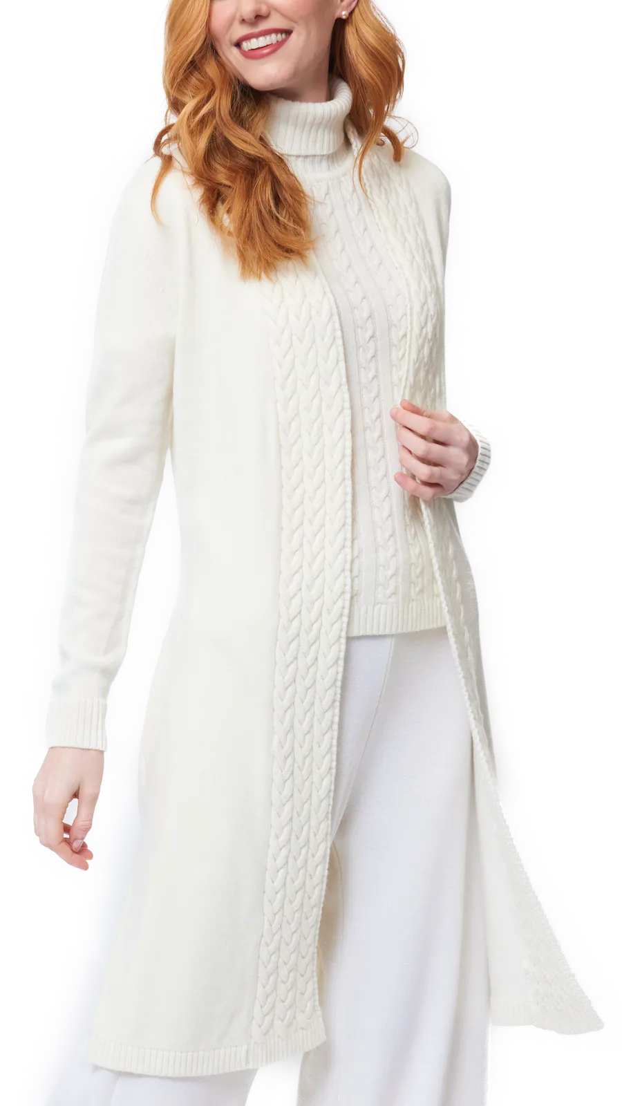 Leana Cable-Knit Belted Coat - Winter White