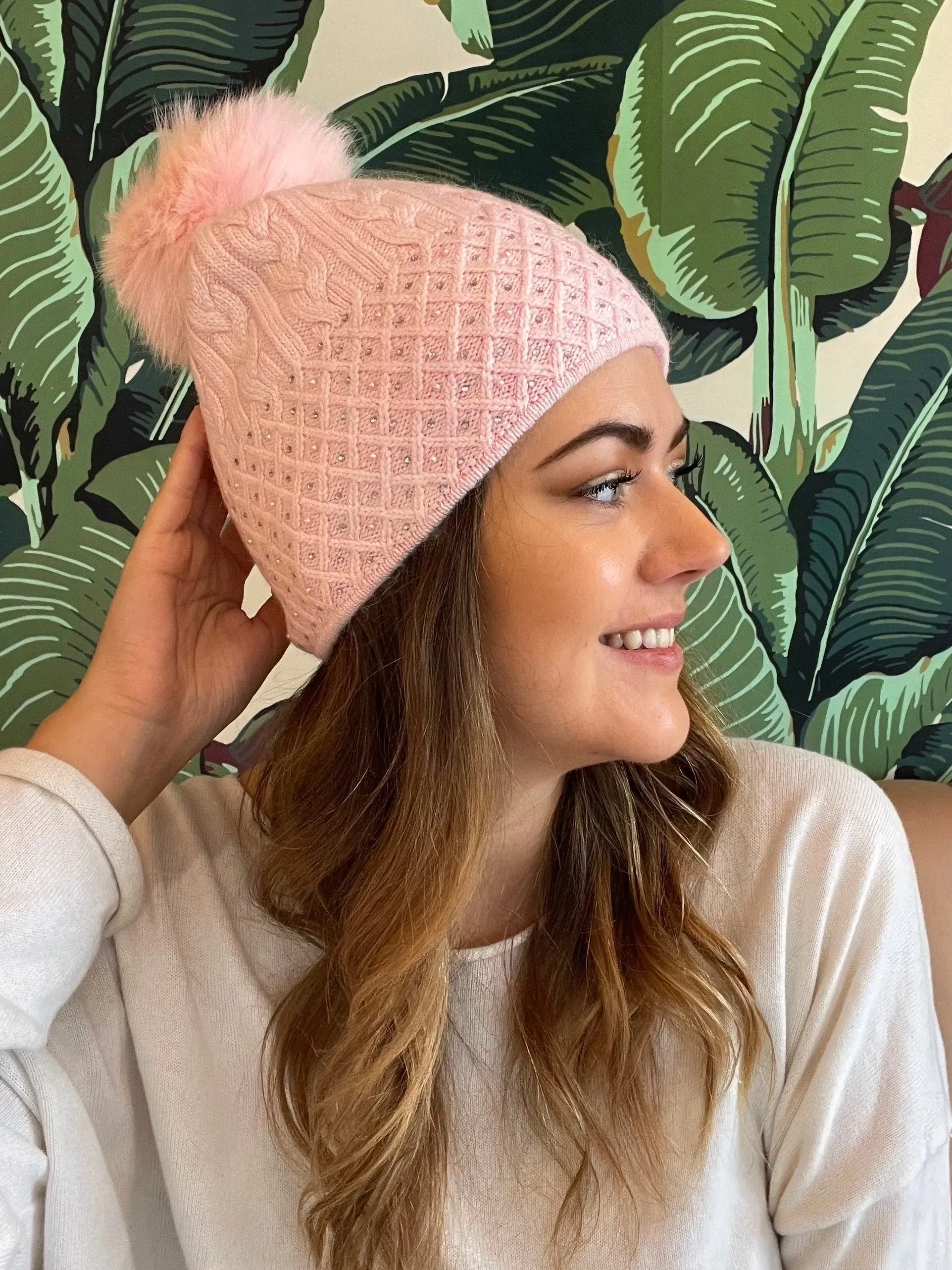 Light Pink Cable Knit Sparkle Toque