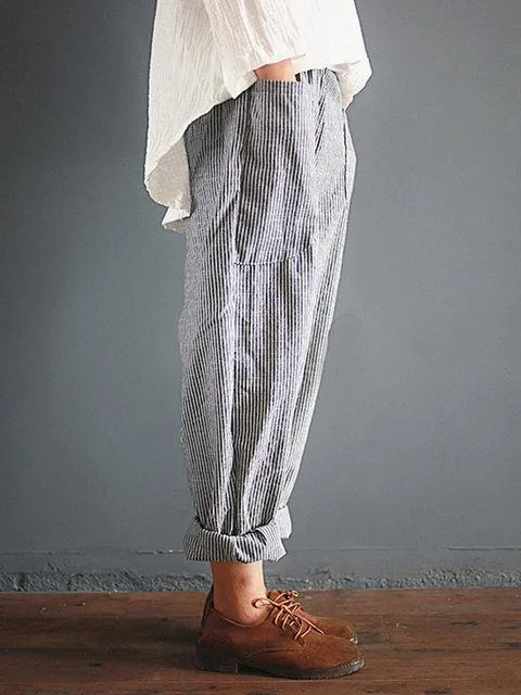 Linen Gray Striped Pants Women