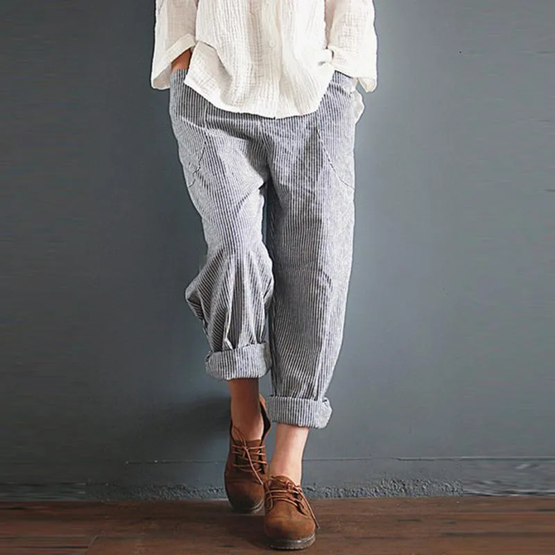 Linen Gray Striped Pants Women