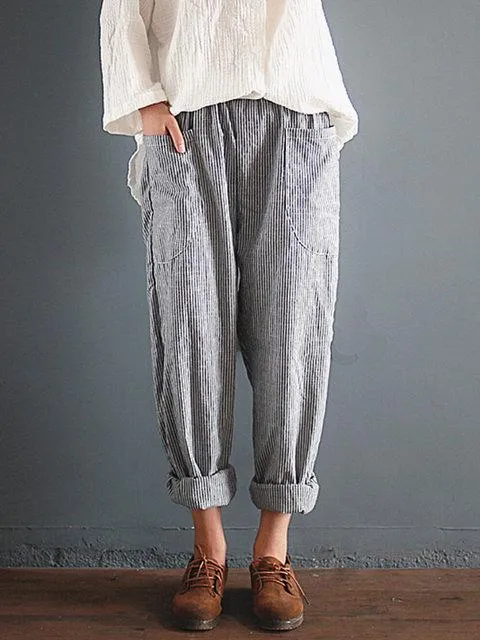 Linen Gray Striped Pants Women