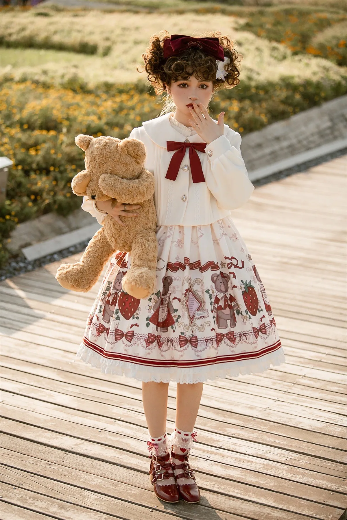 Lolita Teddy Bear Christmas Festive Red White Winter Jacket & Strap Dress Two Piece Set